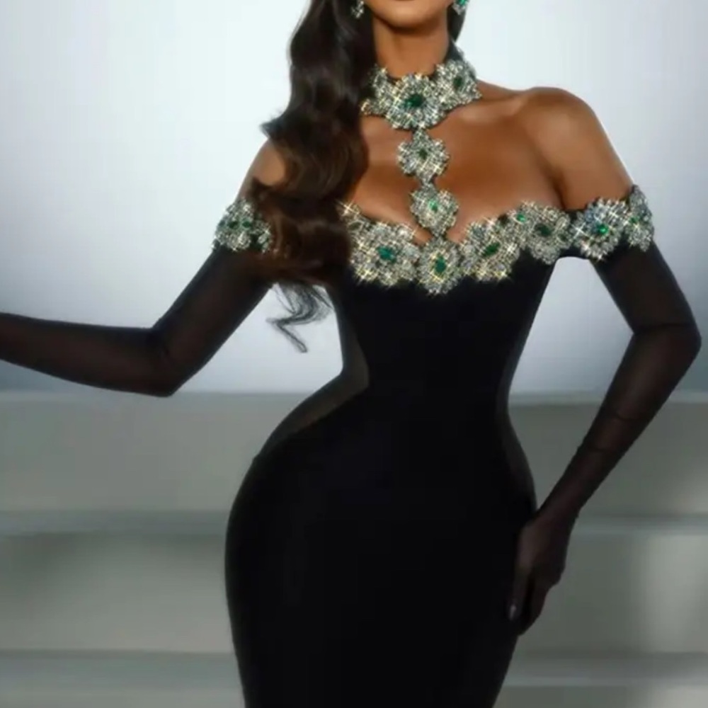 🎉New Bandage Dress: Elegant Black Maxi Bodycon Crystals for Evening Parties